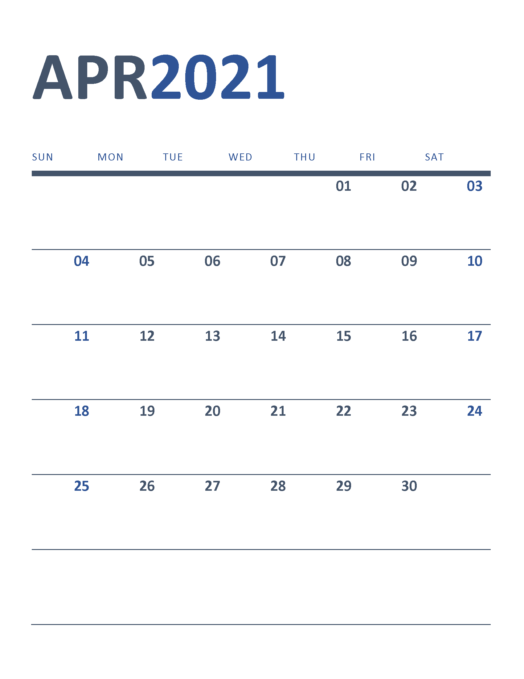 Free Printable New Year Calendar 2021 April