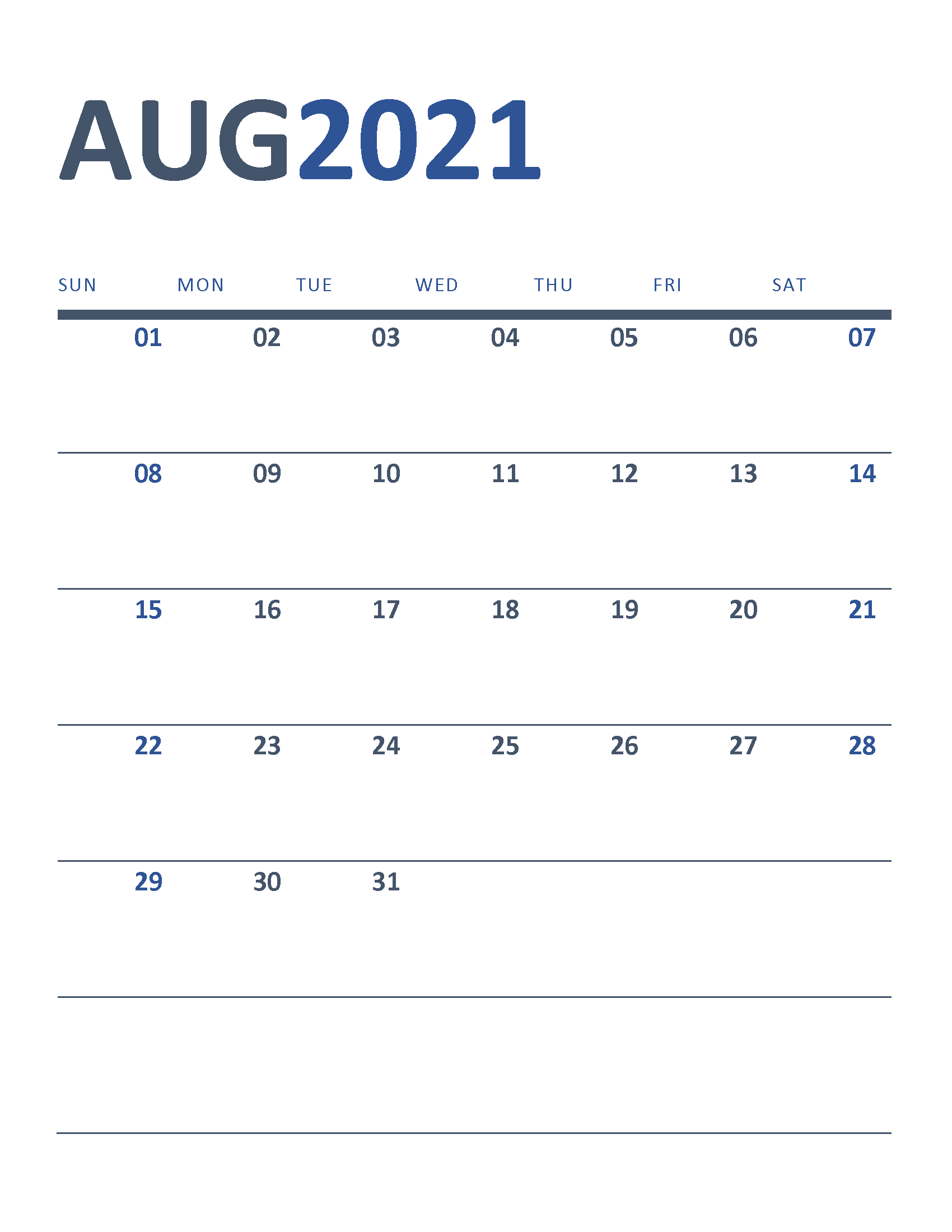 Free Printable New Year Calendar 2021 August
