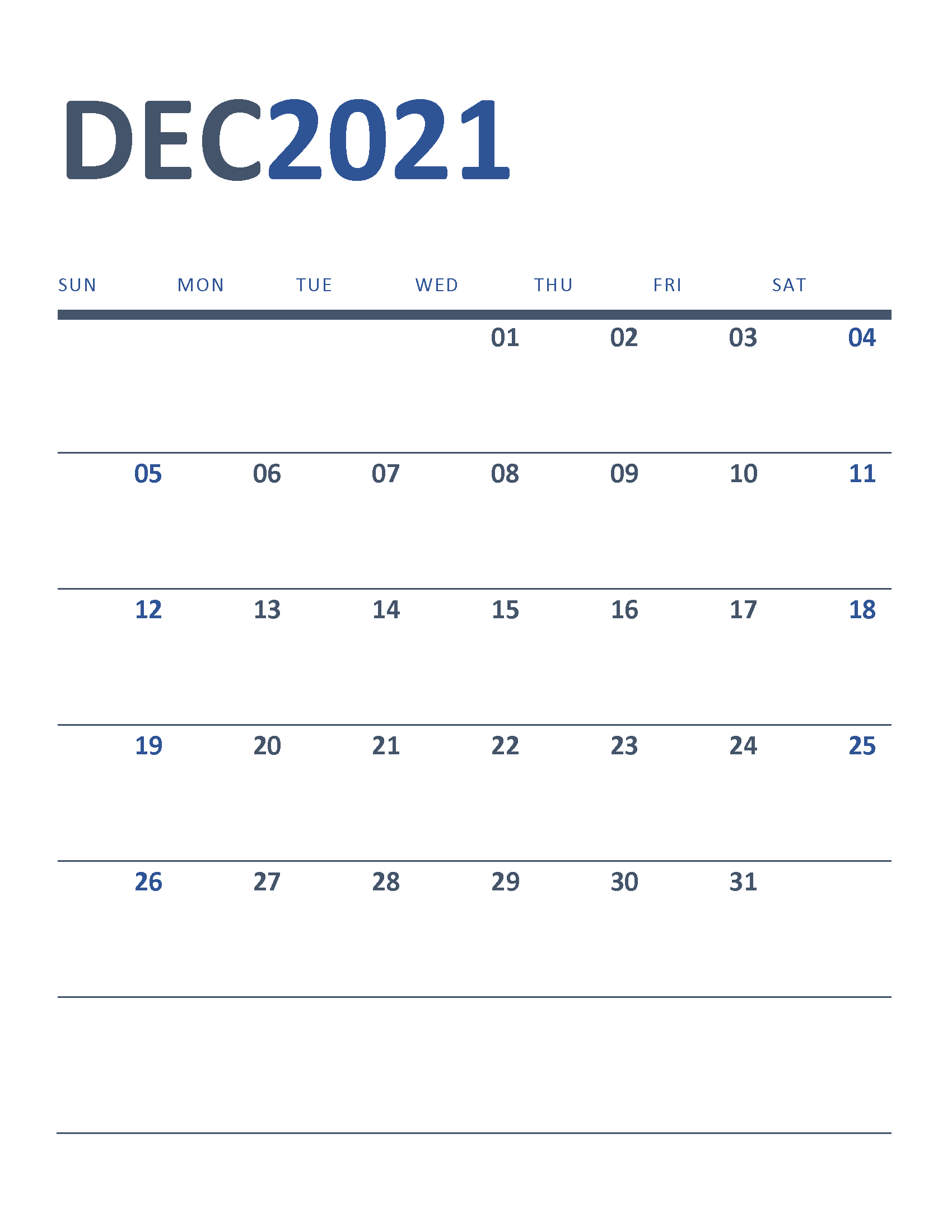 Free Printable New Year Calendar 2021 December