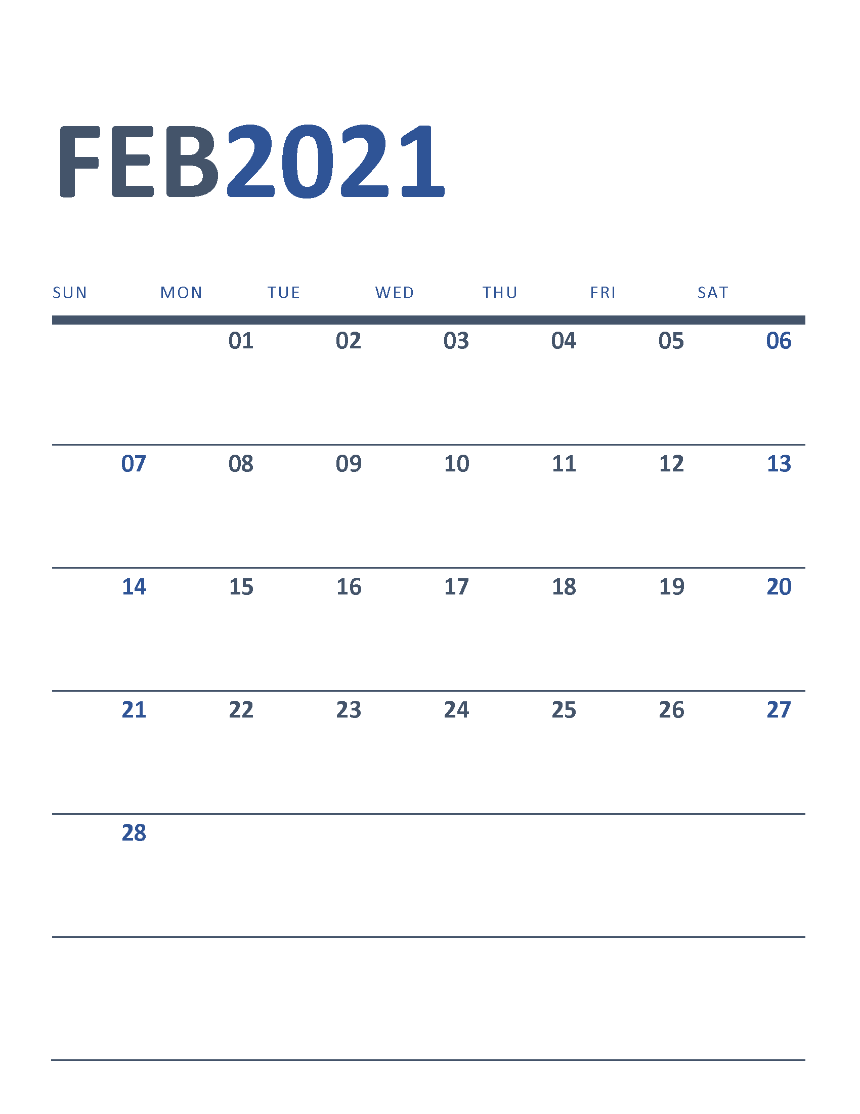 Free Printable New Year Calendar 2021 February