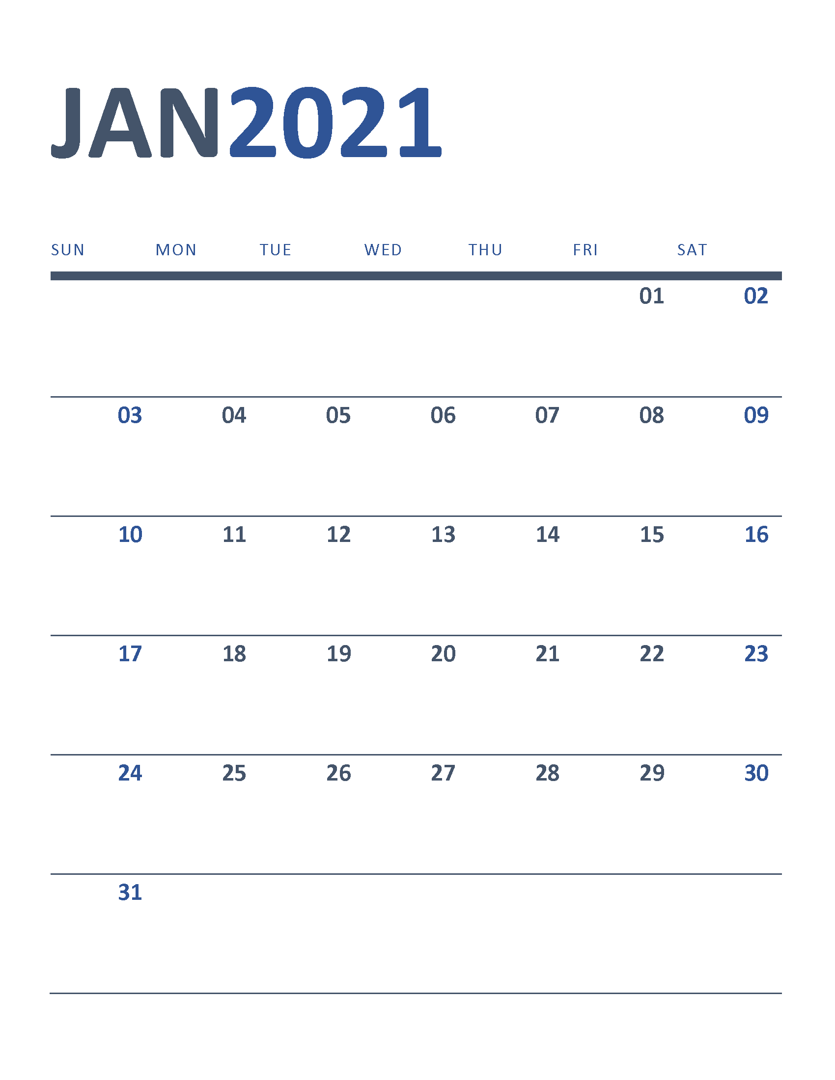 Free Printable New Year Calendar 2021 January