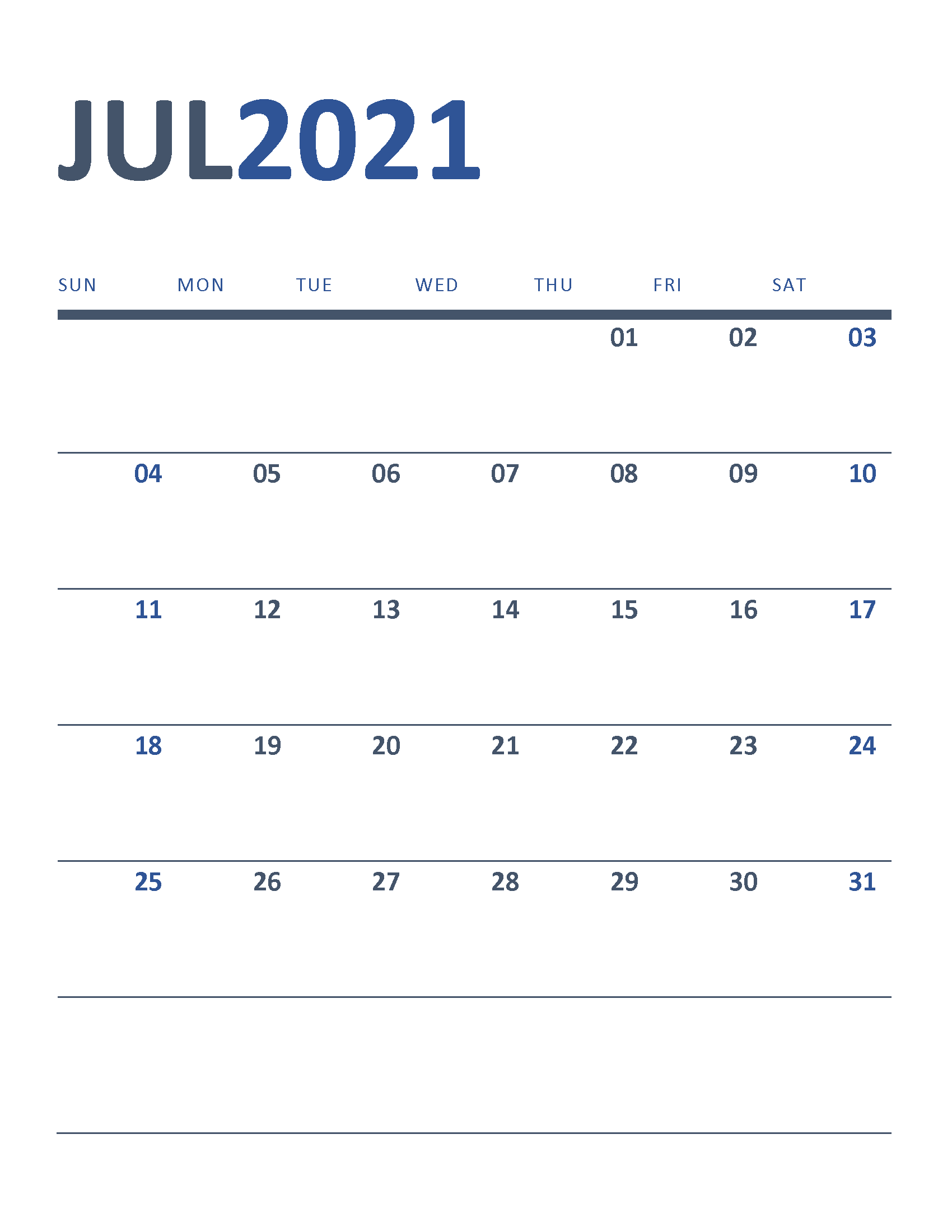Free Printable New Year Calendar 2021 July