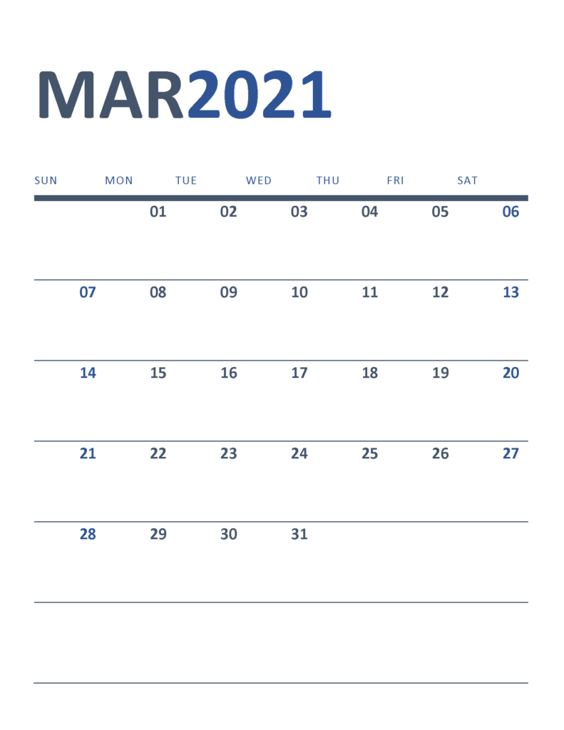 Free Printable New Year Calendar 2021 March