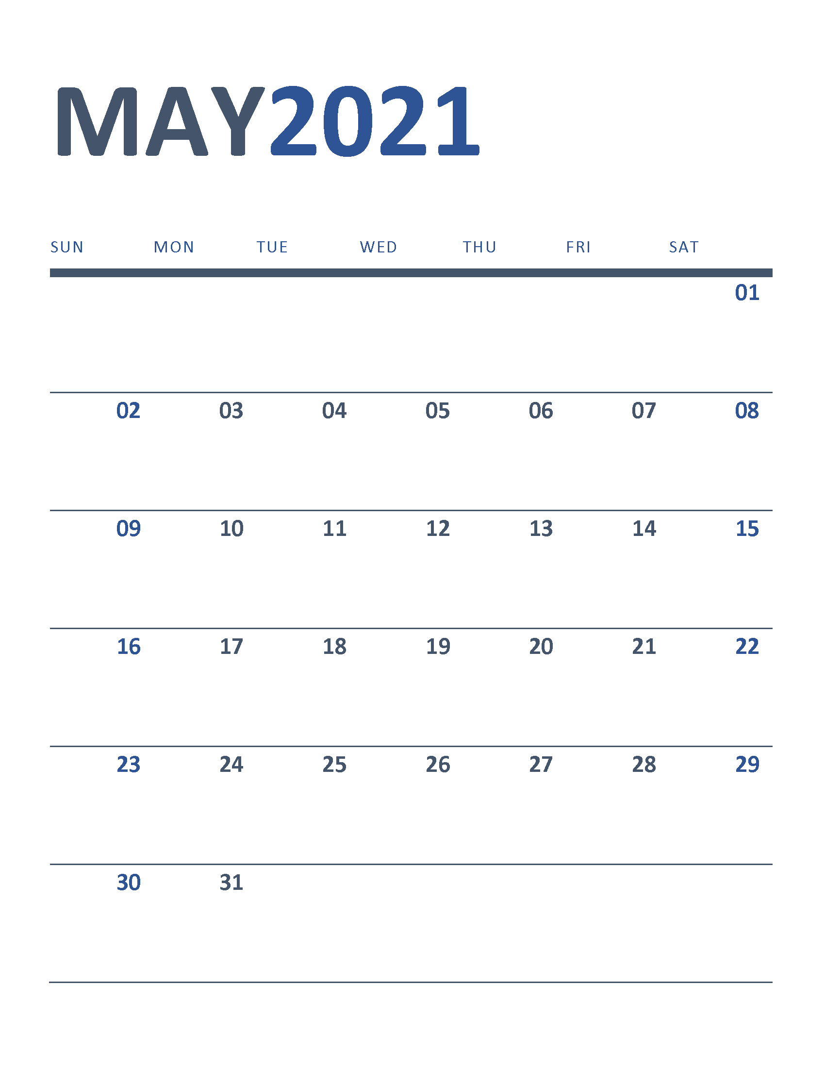 Free Printable New Year Calendar 2021 May
