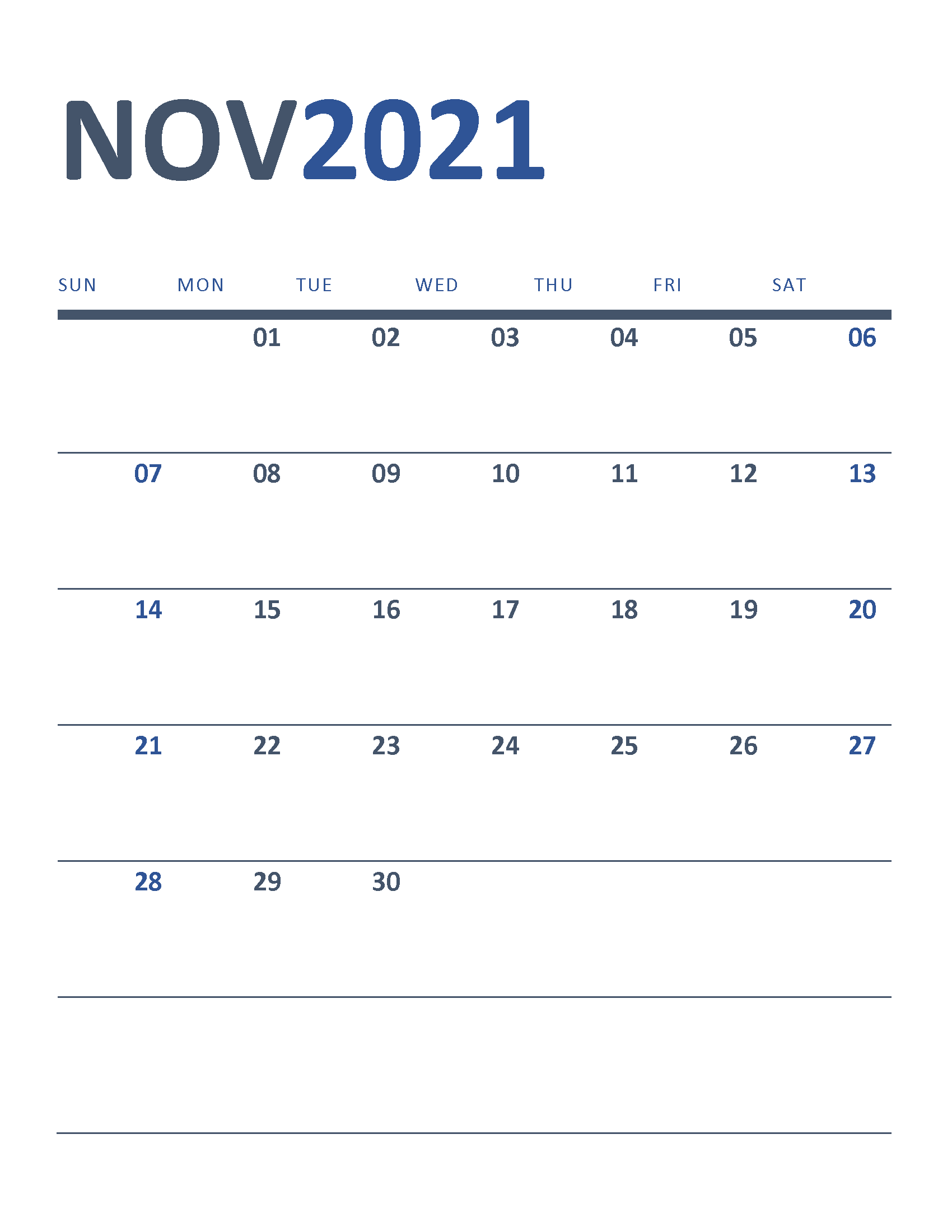 Free Printable New Year Calendar 2021 November