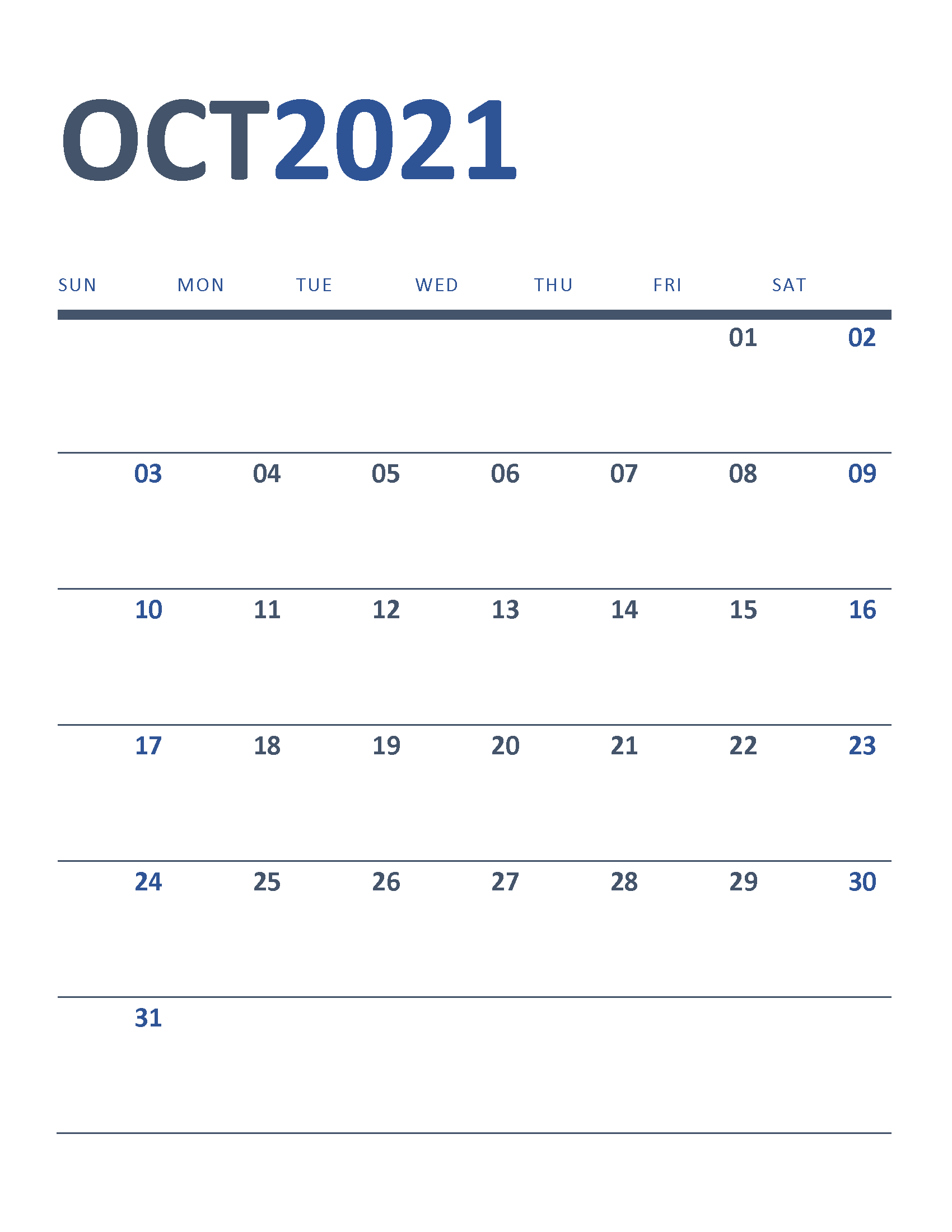 Free Printable New Year Calendar 2021 October