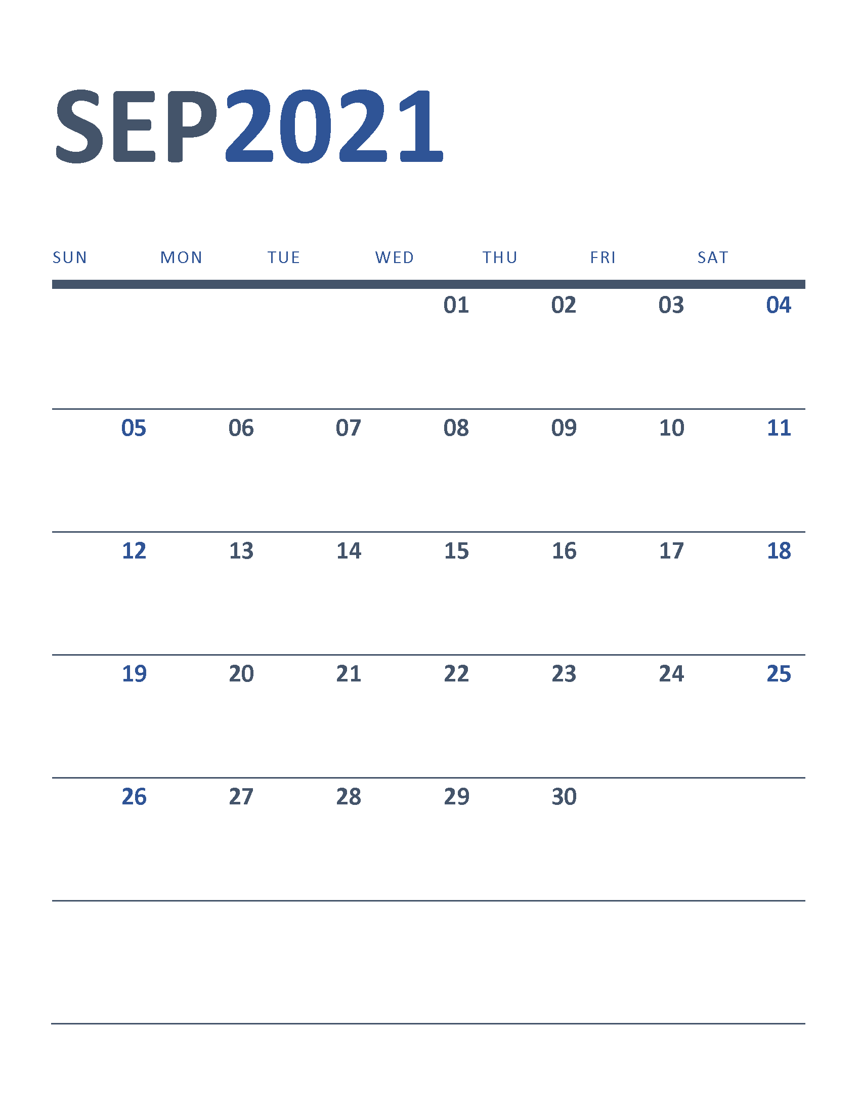 Free Printable New Year Calendar 2021 September
