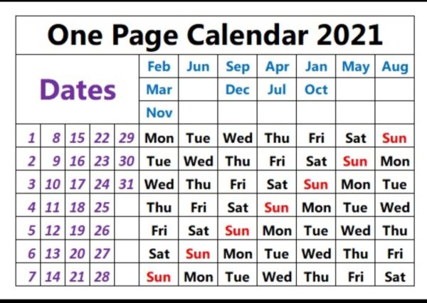 One Page Calendar Template 2021